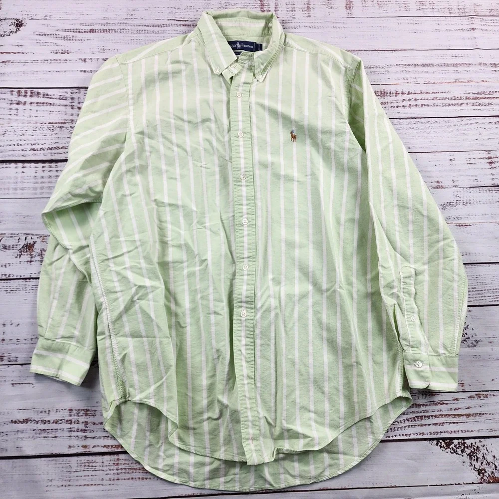 Polo Ralph Lauren Button Down Shirt Mens 16-34 Large Green White Stripe Pony